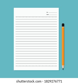 Paper sheet of notebook and pencil on blue background