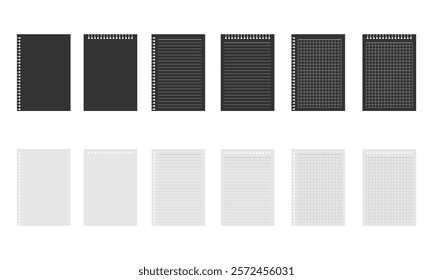 paper sheet of notebook set, paper lined blank and grid. vector illustration isolated on white background.