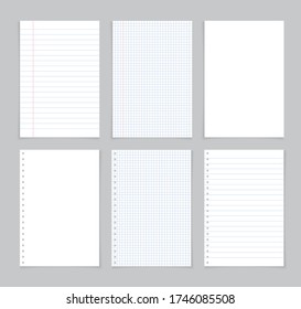 Paper sheet from notebook. White page from notepad with blue and red lines. Notepaper for note in school with grid. Blank letters isolated on gray background. Template for memos, list, diary. Vector.