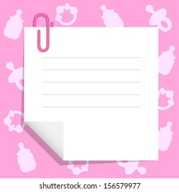 Paper sheet on background with baby's goods. Template for greeting, announcement, scrapbook, etc