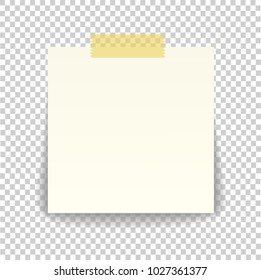 Paper sheet on translucent sticky tape with transparent shadow isolated on a transparent background. Empty note template for your design. Vector illustration.