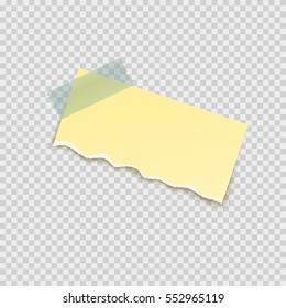 Paper sheet on translucent sticky tape with ripped edge isolated on a transparent background. Empty yellow torn note template for your design. Vector illustration.