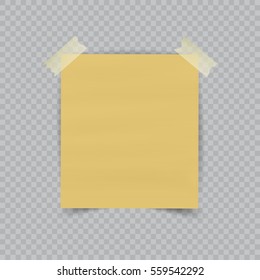 Paper sheet on translucent sticky tape with transparent shadow isolated on checkered background. Empty yellow note template for your design. Vector illustration.