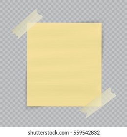 Paper sheet on translucent sticky tape with transparent shadow isolated on checkered background. Empty yellow note template for your design. Vector illustration.
