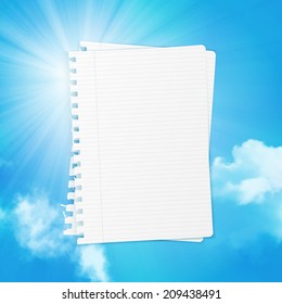 Paper sheet over summer background with clouds on the sky