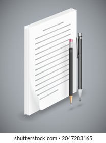 Paper sheet pen, pencil and plastic ruler instruments and school equipment. Vector illustration.