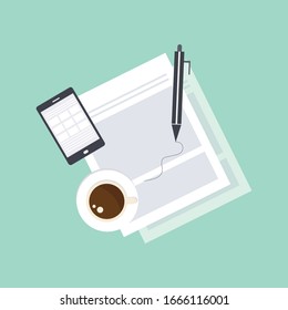  paper sheet with pencil pen on workdesk vector illustration top view, concept of working table of student or pupil