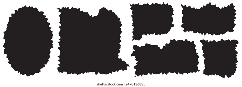 Paper sheet piece with rough edges. Torn cardboard tag, label, sticker. Blank black text box template isolated on white background. Vector graphic illustration.