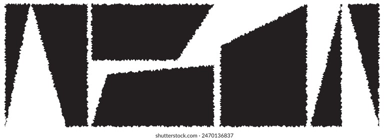Paper sheet piece with rough edges. Torn cardboard tag, label, sticker. Blank black text box template isolated on white background. Vector graphic illustration.