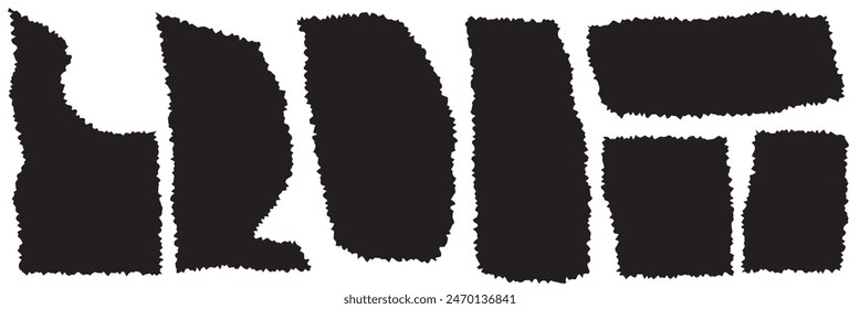 Paper sheet piece with rough edges. Torn cardboard tag, label, sticker. Blank black text box template isolated on white background. Vector graphic illustration.