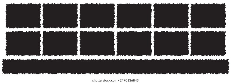 Hoja de papel con bordes ásperos. Etiqueta de cartón rasgado, etiqueta, etiqueta engomada. Plantilla de cuadro de texto negro en blanco aislado sobre fondo blanco. Ilustración gráfica Vector.