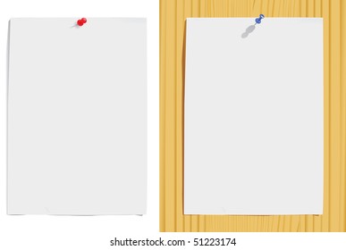 paper sheet and pin on white and wood texture(vector, CMYK)