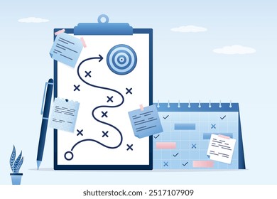 Paper sheet with plan, pen and weekly planner with notes. Difficulty route to the goal. Working plan on paper. Time management, strategy, marketing, business development. flat vector illustration