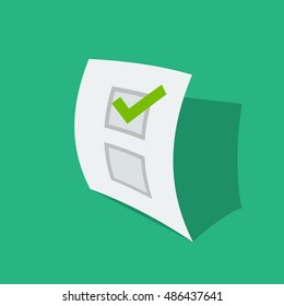 Paper sheet with poll result check mark vector illustration, concept of questionnaire checklist, survey list icon, voting form with checkbox, election document isolated flat design