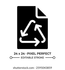 Paper sheet with recycling symbol glyph ui icon. Importance of material reusing. Sustainability in manufacture. Black solid silhouette symbol vector. User interface element isolated, pixel perfect