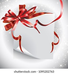 Hoja de papel con cinta roja y arco. Se puede usar para tarjetas de felicitación, cartas, etc.