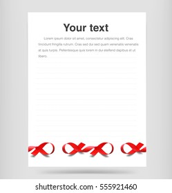 Paper sheet with a red ribbon and bow. It can be used for greeting cards, letters, etc.