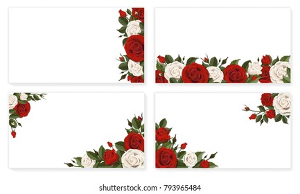 Paper sheet with red and white rose flowers. Template for calling or greeting card decorated floral ornament. Set.