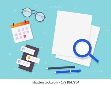 Paper sheet research documents blank empty for copy space text, audit workplace table desk top view, clean pages flat lay desktop vector illustration, concept of education or learning workspace