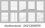 Paper sheet set empty white format A4, blank white paper opened, paper sheets curled corner of with shadow - vector