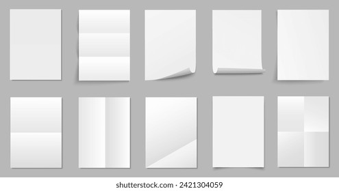 Paper sheet set empty white format A4, blank white paper opened, paper sheets curled corner of with shadow - vector