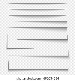 Paper sheet shadow effect. Vector transparent realistic shadows set.