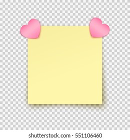 Paper sheet with shadow on pink sticky heart tape isolated on a transparent background. Vector note template for Happy Valentine's Day design