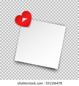 Paper sheet with shadow on red sticky heart tape isolated on a transparent background. Vector note template for Happy Valentine's Day design