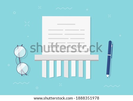Paper sheet shredding, document page destroying via shredder machine vector icon flat cartoon desk top view, file history destroy, clear privacy information modern design