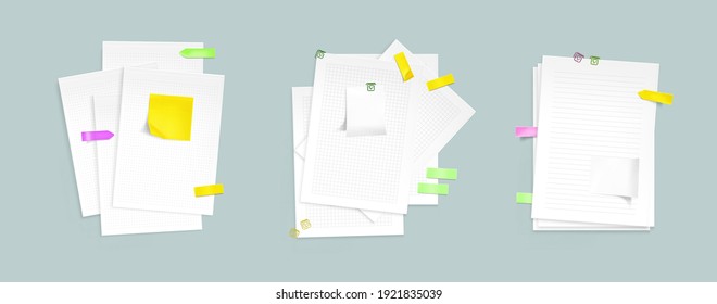 Paper sheet stacks with sticky notes and clips. Vector realistic mockup of notebook pages with pattern of lines, dots and square grid, color memo stickers and paperclips isolated on gray background