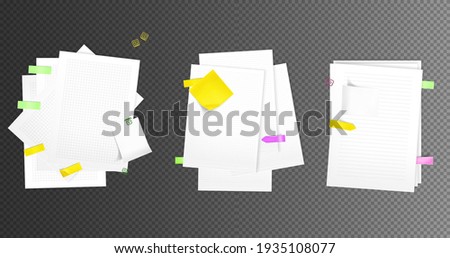 Paper sheet stacks with sticky notes and clips. Vector realistic mockup of notebook pages isolated on transparent background.