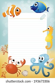 Paper sheet template with cartoon sea animals in background.