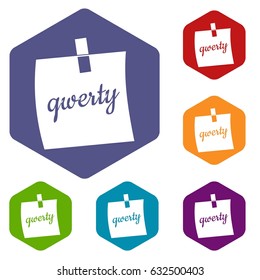 Paper sheet with text qwerty icons set hexagon isolated vector illustration
