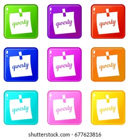 Paper sheet with text qwerty icons of 9 color set isolated vector illustration