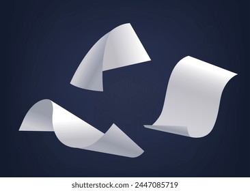 Paper Sheets Cascade. Three Pieces of Blank Paper Sheets with Sharp Edges And Curve Corners Fall Down, 3d Vector