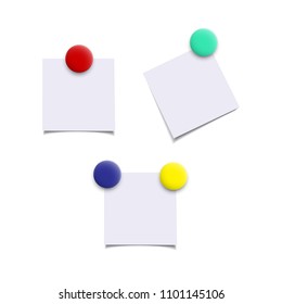 Paper sheets with color magnets. Vector realistic isolated design elements.