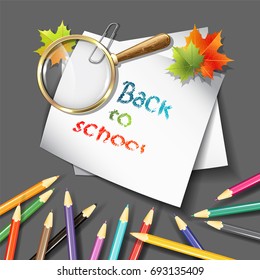Paper sheets, colorful pencils and magnifying glasses on gray background. Vector illustration eps 10.