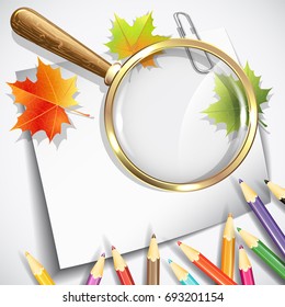 Paper sheets, colorful pencils and magnifying glasses on white background. Vector illustration eps 10.