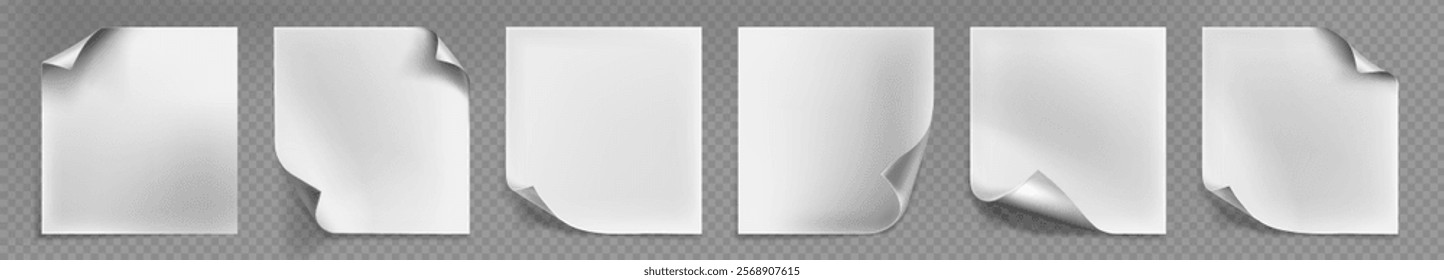 Paper sheets with curled corners set on transparent background. Vector realistic illustration of folded or peeled sticker, turned empty book, magazine or brochure page, rolled frame, flyer mockup