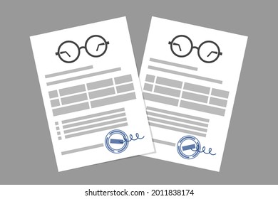 Paper sheets with eyeglasses icons, texts and stamps of optometrists. Two glasses prescriptions. Concept of complex optical correction for near and far distances, visual health