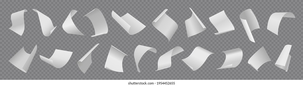 Paper sheets. Flying blank document pages. Realistic falling notes set on transparent background. 3D empty letters loose soar. Curved notepapers with folded corners. Vector memos flight - Shutterstock ID 1954452655