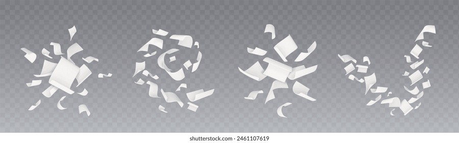 Paper sheets flying set isolated on transparent background. Vector realistic illustration of blank white pages falling, chaotic movement of document files, office design element, business paperwork