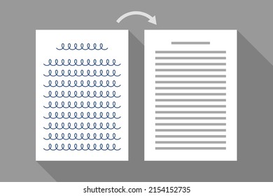 Paper sheets with handwritten text and with typed one, and arrow. Transferring of handwritten draft to typewritten clean copy, text typing, text recognizing concept, optical character recognition, OCR