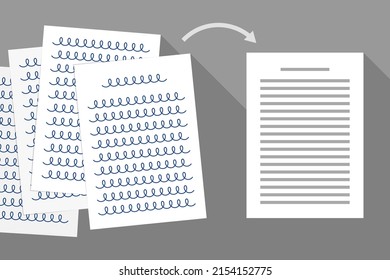 Paper sheets with handwritten text and with typed one, and arrow. Transferring of handwritten draft to typewritten clean copy, text typing, text recognizing concept, optical character recognition, OCR