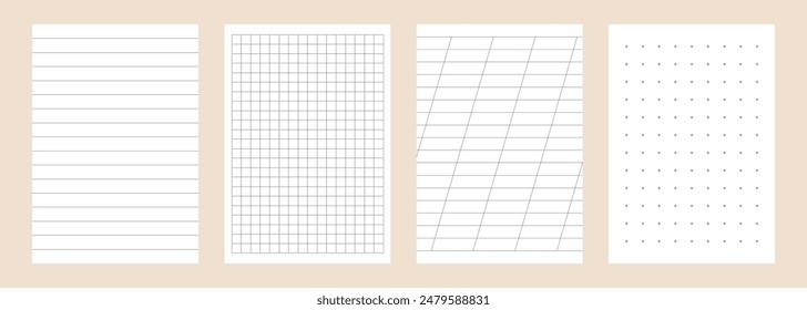 Hojas de papel con líneas, puntos y celdas. Juego de cuaderno en blanco. Patrón cuadrado sin costuras. Ilustración vectorial.