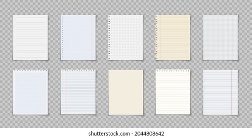 Paper sheets with lines and squares for memo. Notebook or book page. Realistic lined notepapers. Illustrations of a torn sheet paper. Torn of white jotter. 