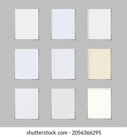 Paper sheets with lines and squares for memo. Notebook or book page. Realistic lined notepapers. Illustrations of a torn sheet paper. Torn of white jotter. 