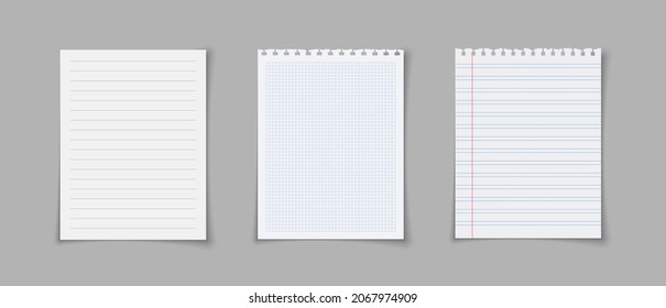 Paper sheets with lines and squares for memo. Notebook or book page. Realistic lined notepapers. Illustrations of a torn sheet paper. Torn of white jotter. 