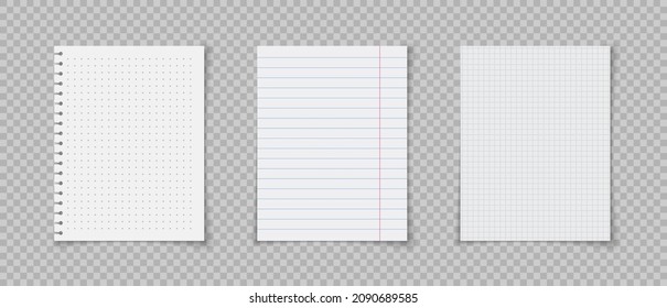 Paper sheets with lines and squares for memo. Realistic lined notepapers. Illustrations of a torn sheet paper. Torn of white jotter. Notebook or book page.