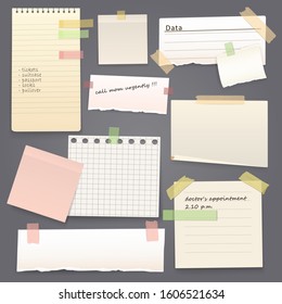 Paper sheets of notebook and note pad with torn edges stick on grey background with tape and paperclip. Vector pages with copy space for messages and notes, office and school stationery, memo stickers - Shutterstock ID 1606521634